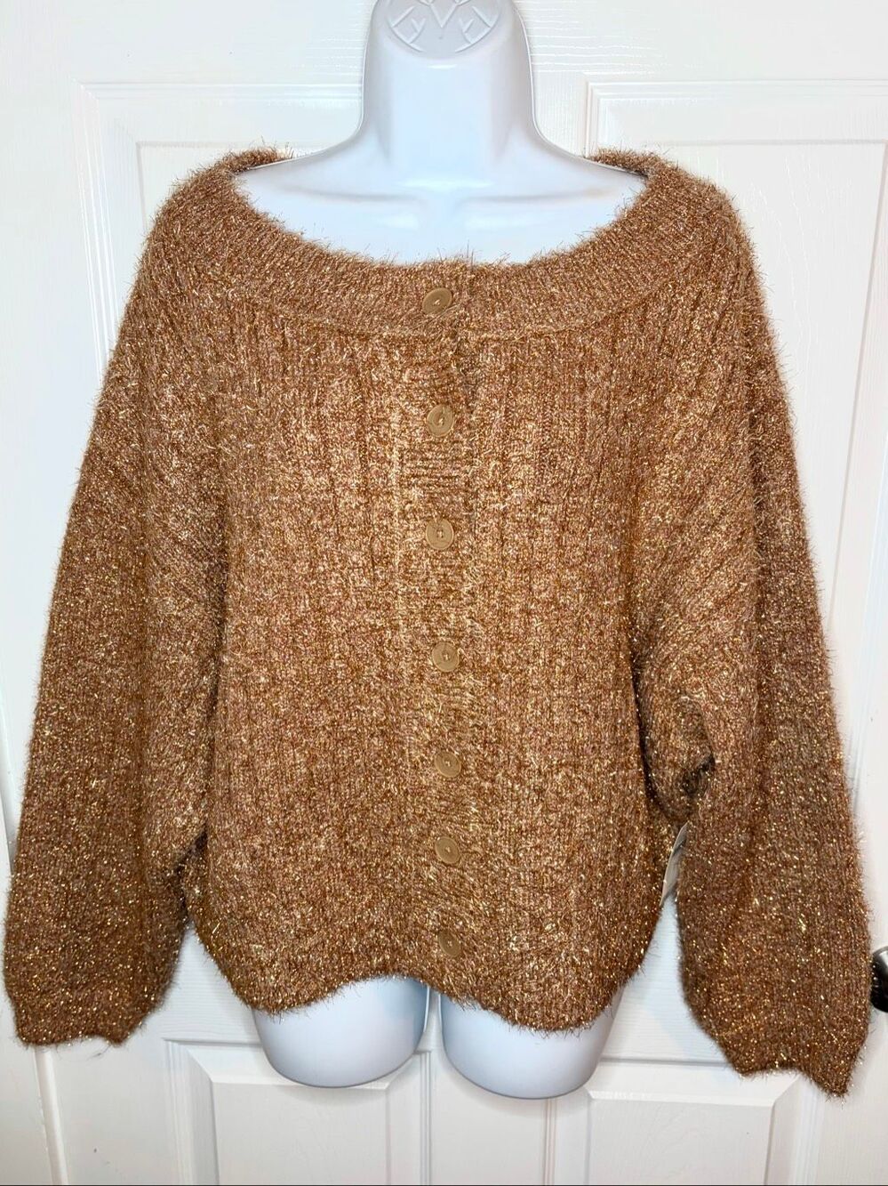 Anthropologie Boat-Neck Tinsel Cardigan Sparkly Sweater Mink Blush M NWT - Picture 7 of 16